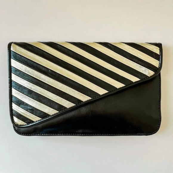 NWT Express Black & Gold Stripe Diagonal Flap Clutch Metallic Y2K 90s - Picture 1 of 8